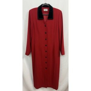 VTG Kasper Red Long Coat Dress Velvet Collar Lined Button Down‎ Womens Size 12